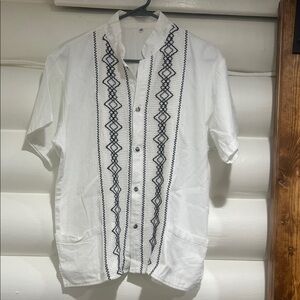 White Shirt with Black Geometric Embroidery